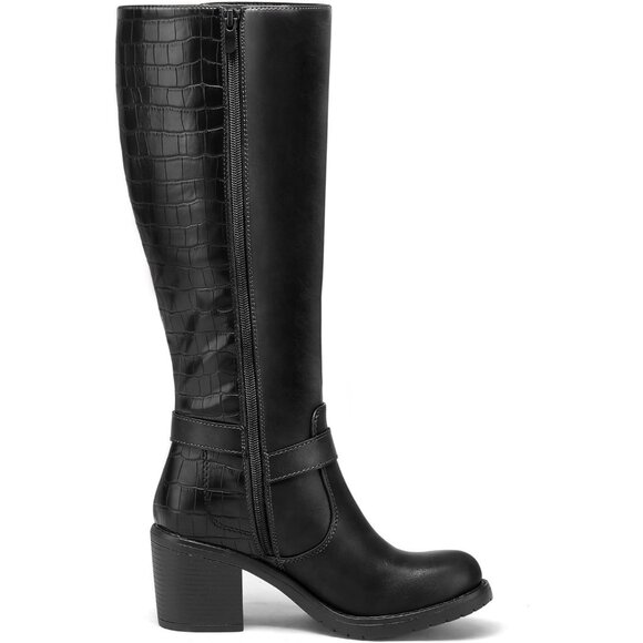 Women's Knee High Boots Chunky Block Heels Side Zipper Stretchy Elastic Panels - Picture 2 of 6